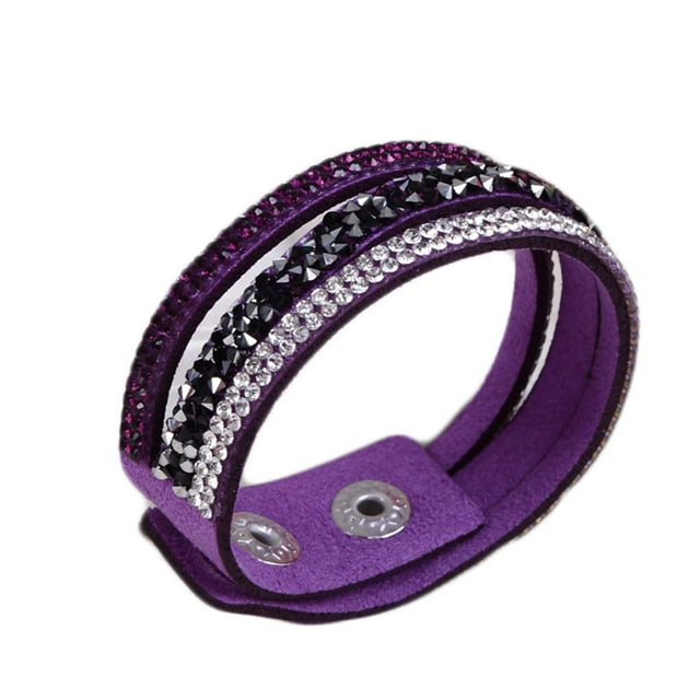 Maoww Unisex Rhinestones Leather Wrap Bracelet with Two Adjuatble Button Clasps