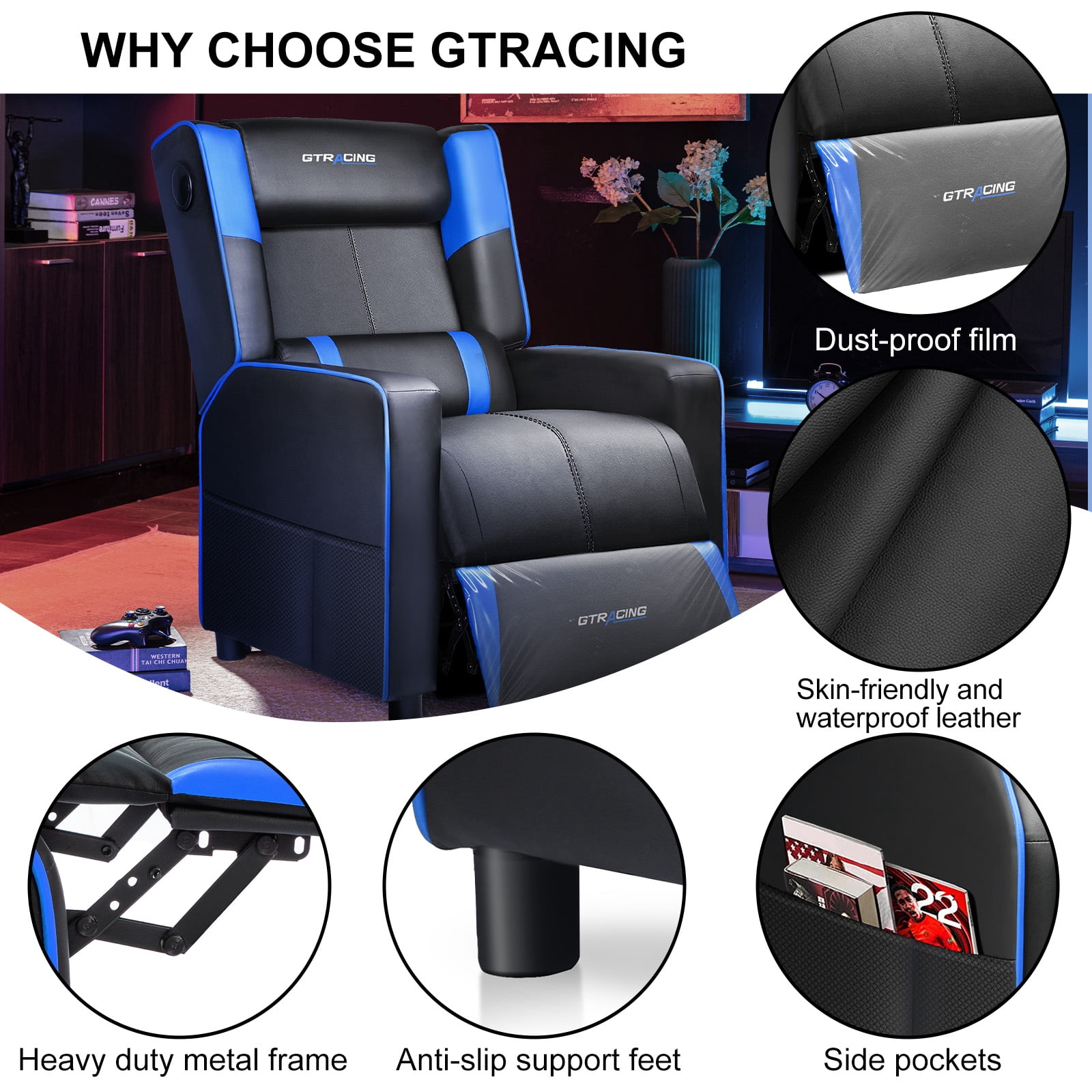 GTRCAING Gaming Recliner Chair PU Leather Living Room Sofa Single Home Theater Seating, Blue