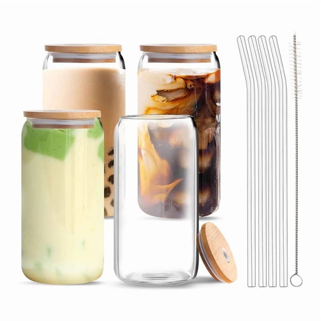 Vaso de Lata de Cerveza con Tapas de Bambú y Pajitas de Vidrio, Paquete de 4 Vasos de 16 Oz con Tapas y Pajitas, Vasos de Vidrio en Forma de Lata