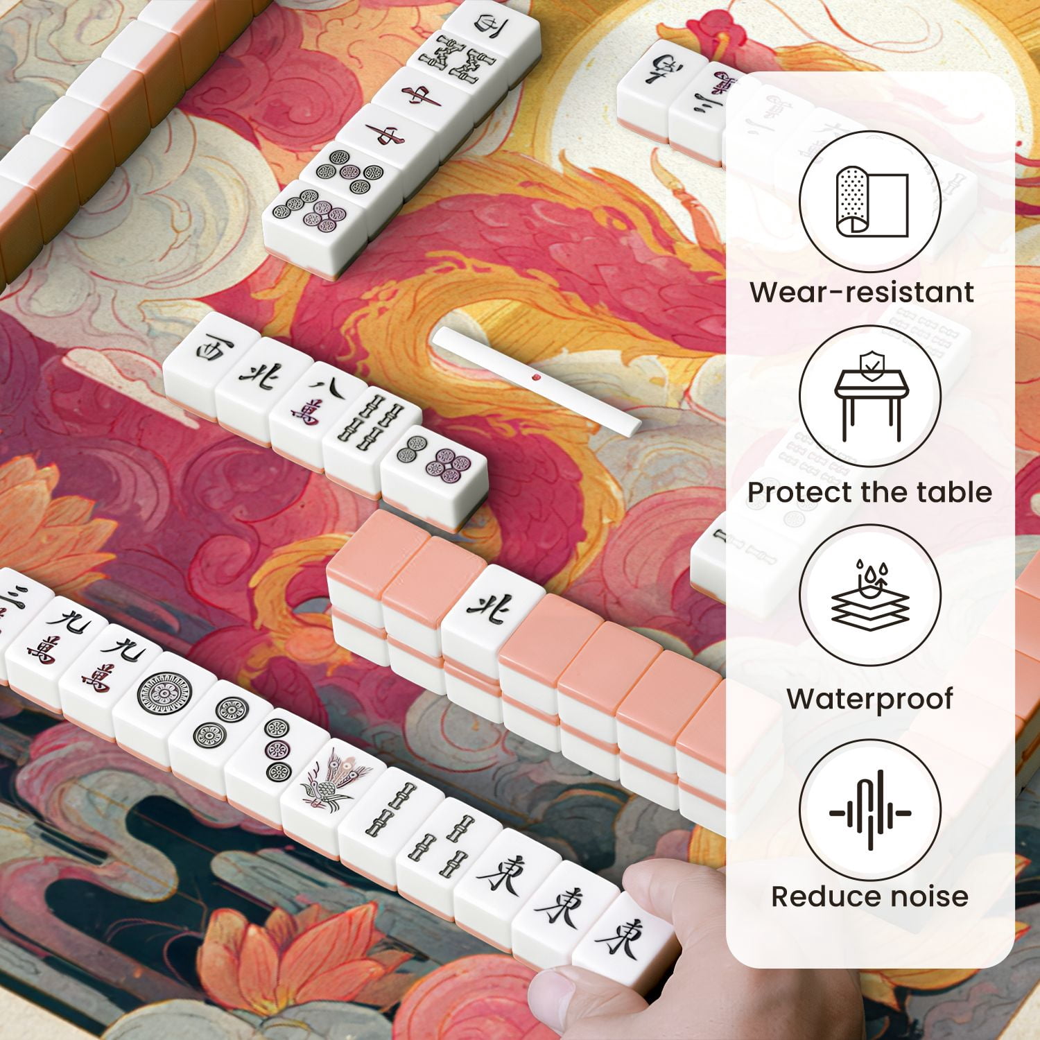 Chinoiserie Mahjong Mat 31.5" x 31.5" Magical Gold Pink Dragon Non-Slip Noise Reduction Mahjong Tiles Table Cover for Dominoes Poker Card Board and Tile Games