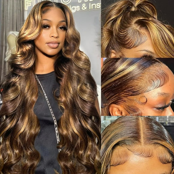 32 Inch Ombre Lace Front Wig Human Hair 180% Density 360 4/27 Highlight Lace Front Wig Human Hair Honey Blonde HD Lace Front Wig Human Hair Body Wave Balayage Wig Human