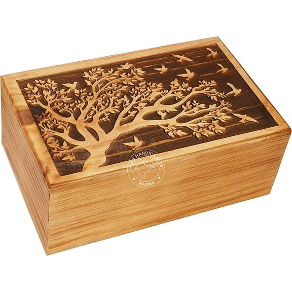 Wooden Box Funeral Cremation Urns for Human Ashes Adult Large - Burial Urns for Columbarium - Tree of Life Flying Bird (250 Cubic Inches, Flying Bird)