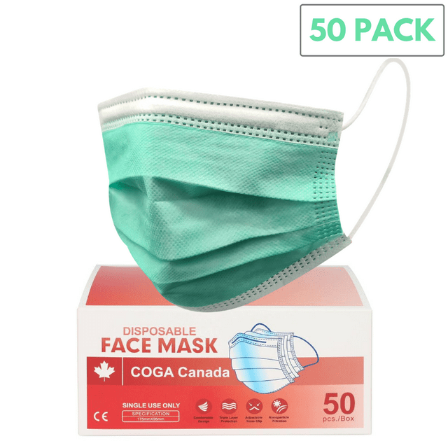 COGA Canada - Vert Lot de 50 Masque Facial Jetable 3 Plis Non Médical Non Chirurgical
