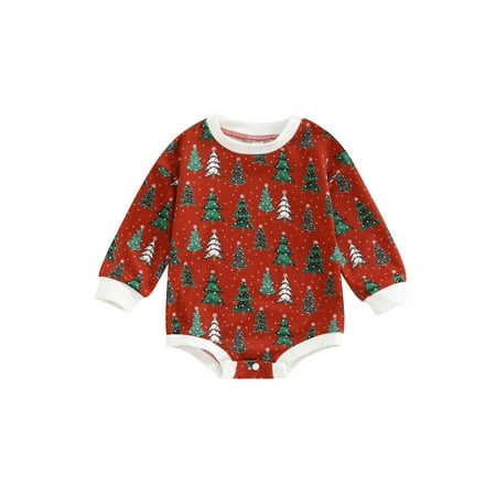 

Baby Girls Christmas Romper Long Sleeve Crew Neck Tree Print Bodysuit