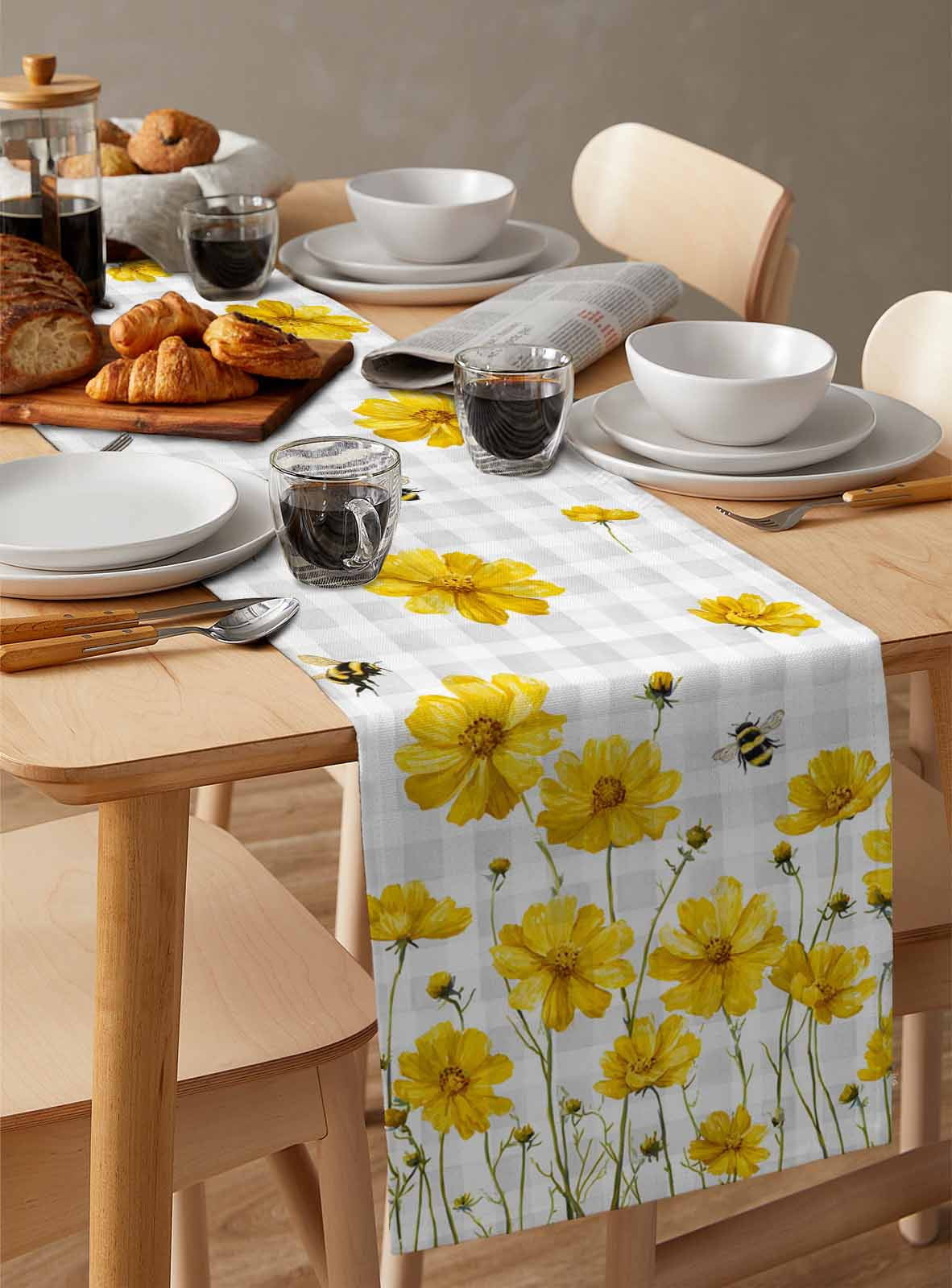 nqOlkjepod Yellow Flowers Table Runner 48 Inches Long Farmhouse Dress Scarves, Summer Bee Country Floral Gray Plaid Dining Tablerunner for Coffee Table/Kitchen Island/Party Décor, 13" x 48"