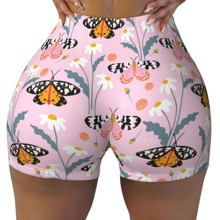 Workout Shorts Women  Pink Butterfly Daisy Biker Shorts for Women Running Gym Spandex Shorts Tummy Control