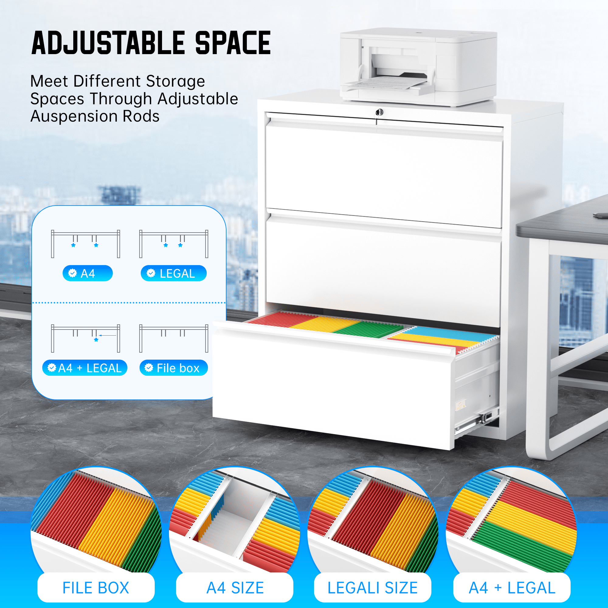 SUNCROWN 3 Drawer Filing Cabinet, White Lateral File Cabinet with Lock, Lockable Metal File Cabinets with Adjustable Hanging Bars&2 Keys, Locking File Cabinet for Home Office, Legal/F4/Letter, Etc