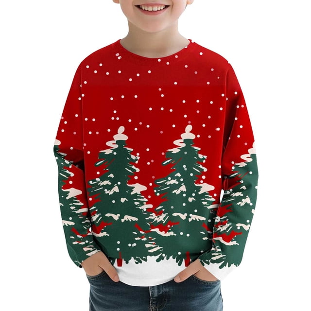 T-shirts à Manches Longues Colorés Garçon Fille Enfants Fille Garçon Hauts Graphiques Tee pour Enfant Col Rond Modeste Joyeuses Fêtes Noël Décontracté Kawaii T-Shirt Chaud Hiver Automne Tee-Shirt 2025 4 Ans