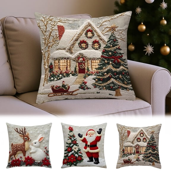 Christmas Pillow Covers Set of 3 – 17.7x17.7 Inch Linen Holiday Throw Pillow Cases Multicolor Festive Sofa Bed Decor for Christmas Home Ambiance
