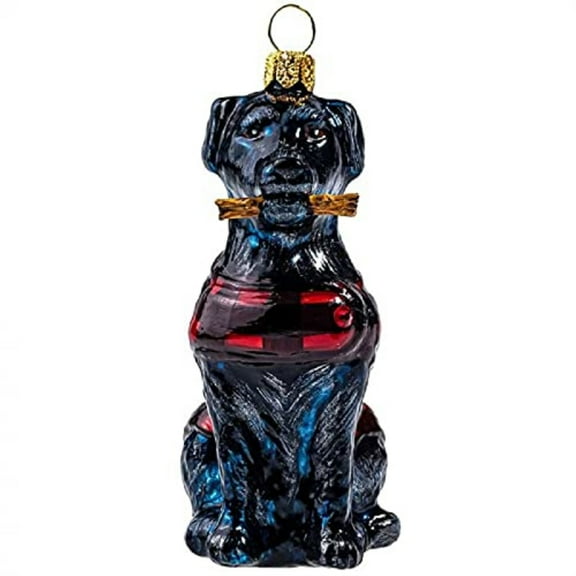 Black Labrador Retriever in Buffalo Check Coat Polish Glass Christmas Ornament