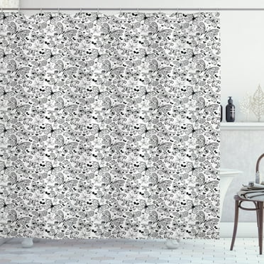 Ambesonne Tattoo Shower Curtain, Floral Butterflies Art, 69"Wx75"L, Black White