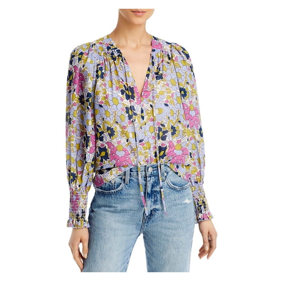REBECCA TAYLOR Womens Purple Tie Smocked Lined Printed Long Sleeve V Neck Top XS