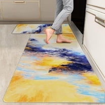 2 Pieces Kitchen Rugs, Abstract Anti Fatigue Non Slip Foam Cushioned Bright Yellow Royal Blue Modern Comfort Indoor Floor Mat Runner Rug Set for Laundry Office Sink Bathroom (17"X48" 17"X24")