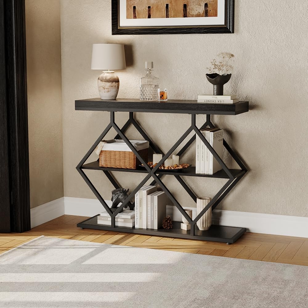 Litake 3-Tier Entryway Table, Industrial Console Sofa Table with Storage, Accent Table with Open Shelves, Diamond-Shaped Metal Frame, Foyer Table for Entryway, Hallway, Black