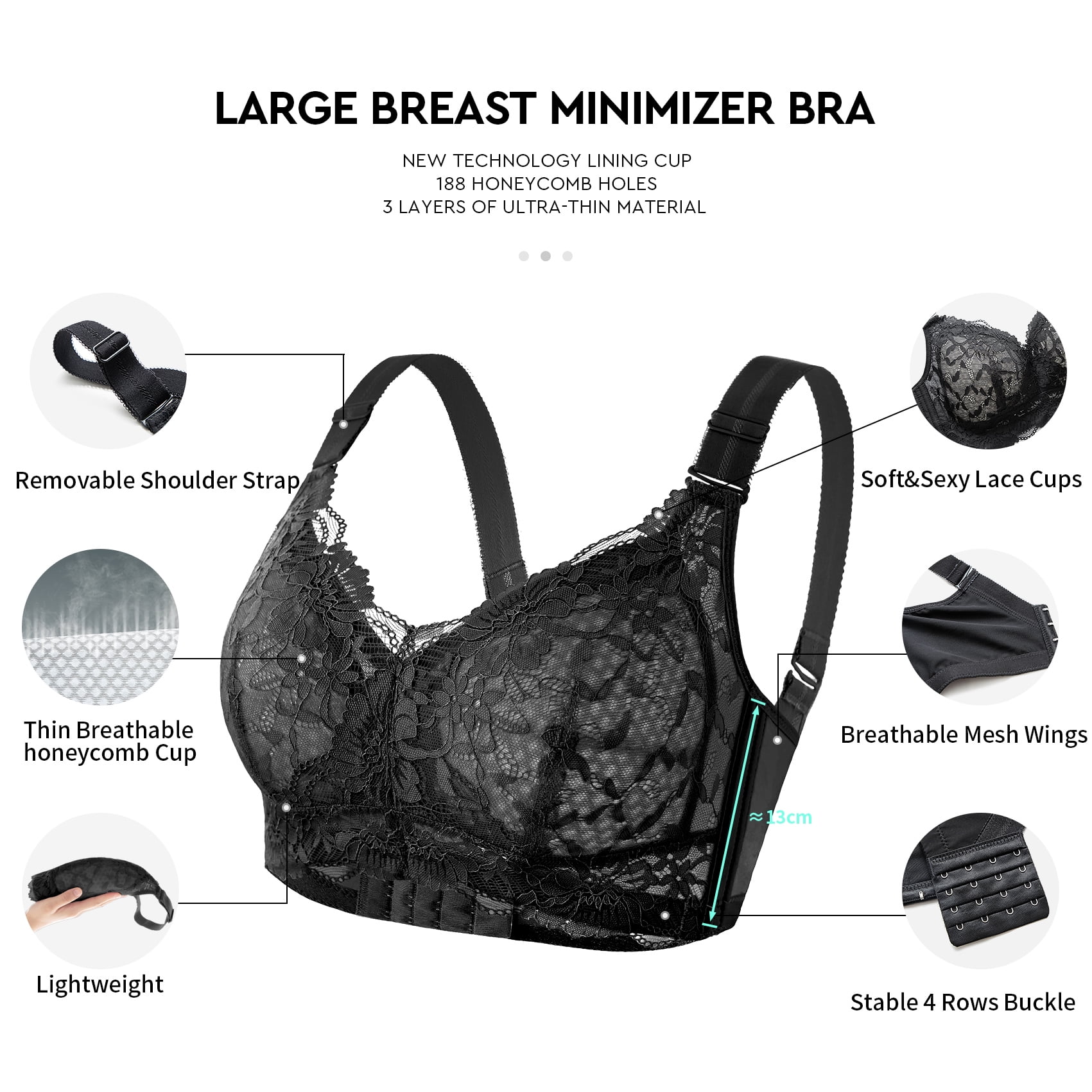 AILIVIN Wireless Bras for Women Full Figure Minimizer Women's Lace Bra WireFree Lifting Up Full Support Lightly Lined Cup Full Coverage No Back Fat Comfy No Wire Womens Bras Black 32DDD 32 DDD