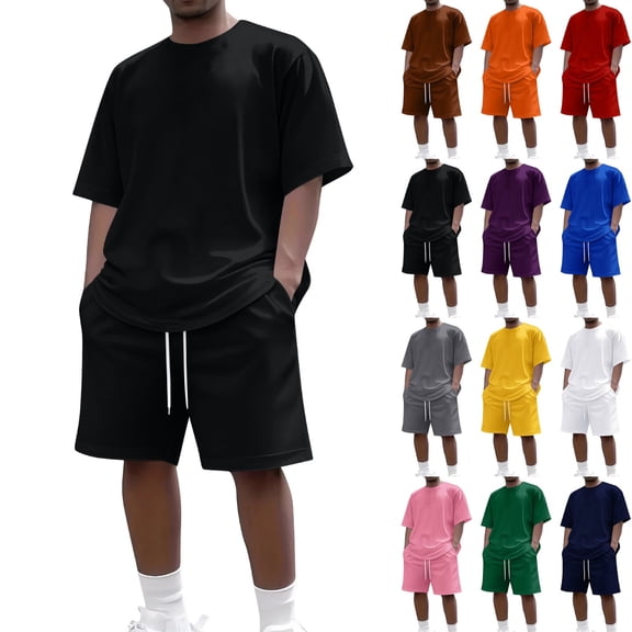 Men's 2 Piece Summer Outfits Short Sleeve Crewneck Tee and Elastic Drawstring Shorts Set Casual Lounge Beach Vacation Tracksuit Black L