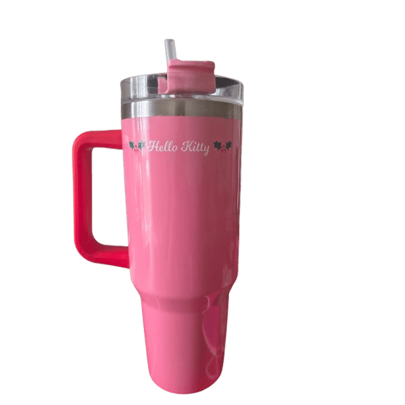 Hello Kitty 40 oz Tumbler with Handle and Straw, Pink Holiday Design, Adult Drinkware