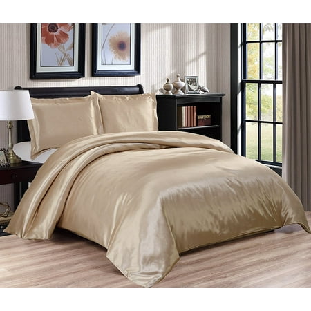 3 Piece Bridal Satin Solid Color Duvet Set Queen Champagne