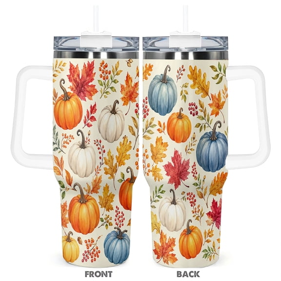 40oz Fall Pumpkin Travel Tumbler with Handle and Straw Lid Autumn Maple Leaf Insulated Car Cup Coffee Mug Gift