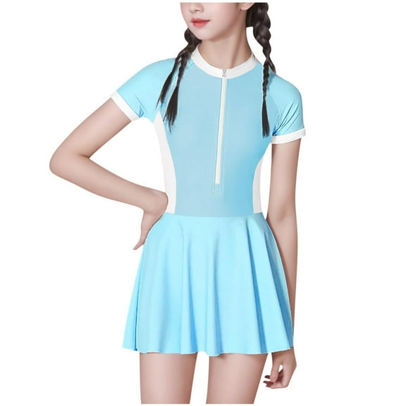 Fesfesfes Girls Rash Guard Swimsuit Children's Zipper Short Sleeve Swimming Skirt Set UPF 50 Bathing Suit Beach Swimwear for Teen Girls 7-14 Years(Blue,13 Years)
