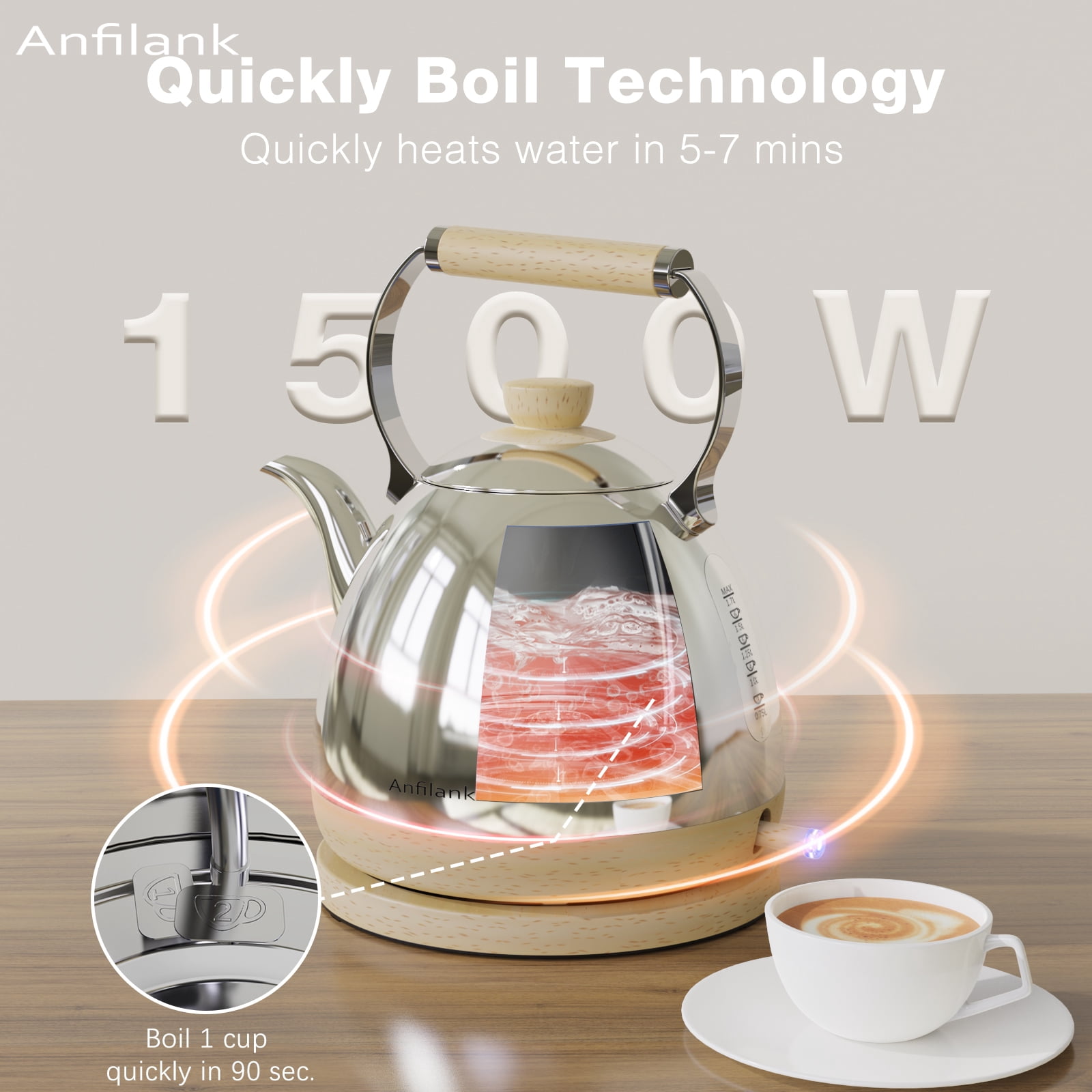 Anfilank Boil Water Electric Kettle, 1.7L 1500W, Coffee & Tea Kettle Stainless Steel, Wood Grain Design, Silver
