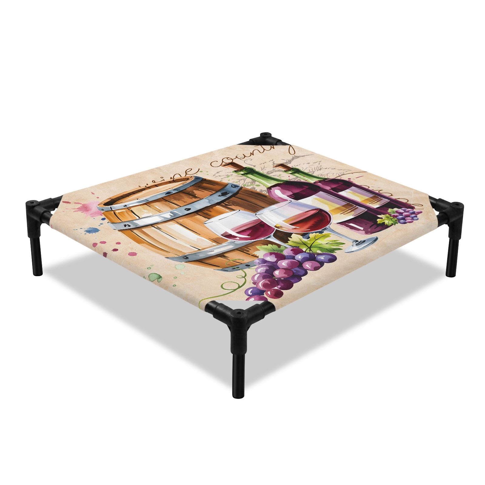 Wine Cask Elevated Dog Bed Grape Wine Country Vintage Watercolor Cooling Breathable Outdoor Raised Dog Cot Bed with Metal Frame Non-Slip Feet for Small Dog 20x20in