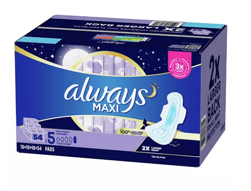 Always Maxi Pads Size 5 Overnight Absorbency Unscented with Wings 54 ct