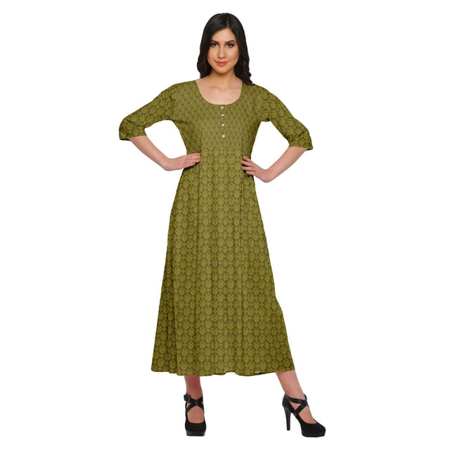 Moomaya Haut Indien Imprimé Robe Kurti Longue Tunique à Manches 3/4 Robes pour Femmes