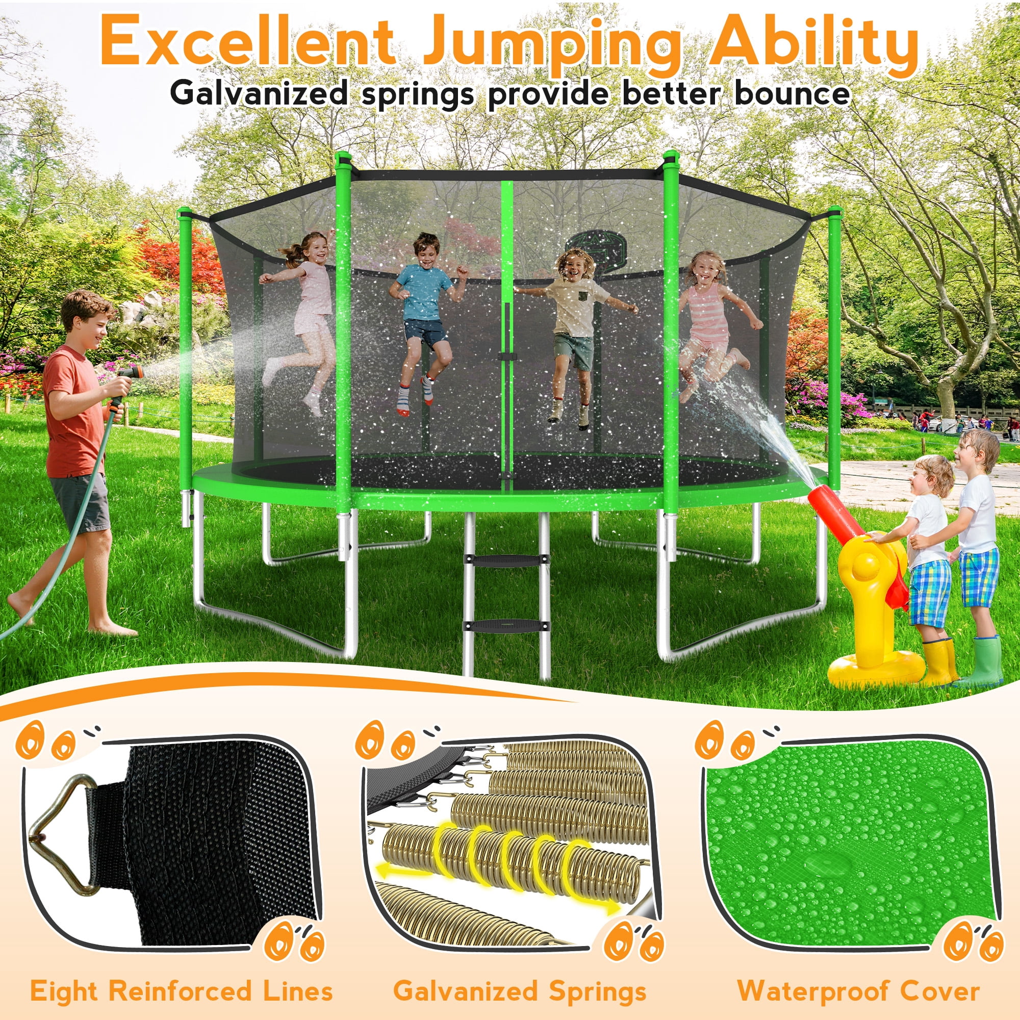 KOFUN 1200LBS 12FT Trampoline for Kids and Adults Outdoor Backyard Trampoline with Safety Enclosure Net, Basketball Hoop, 4 Anchor Kits, Ladder, A Ball, Green