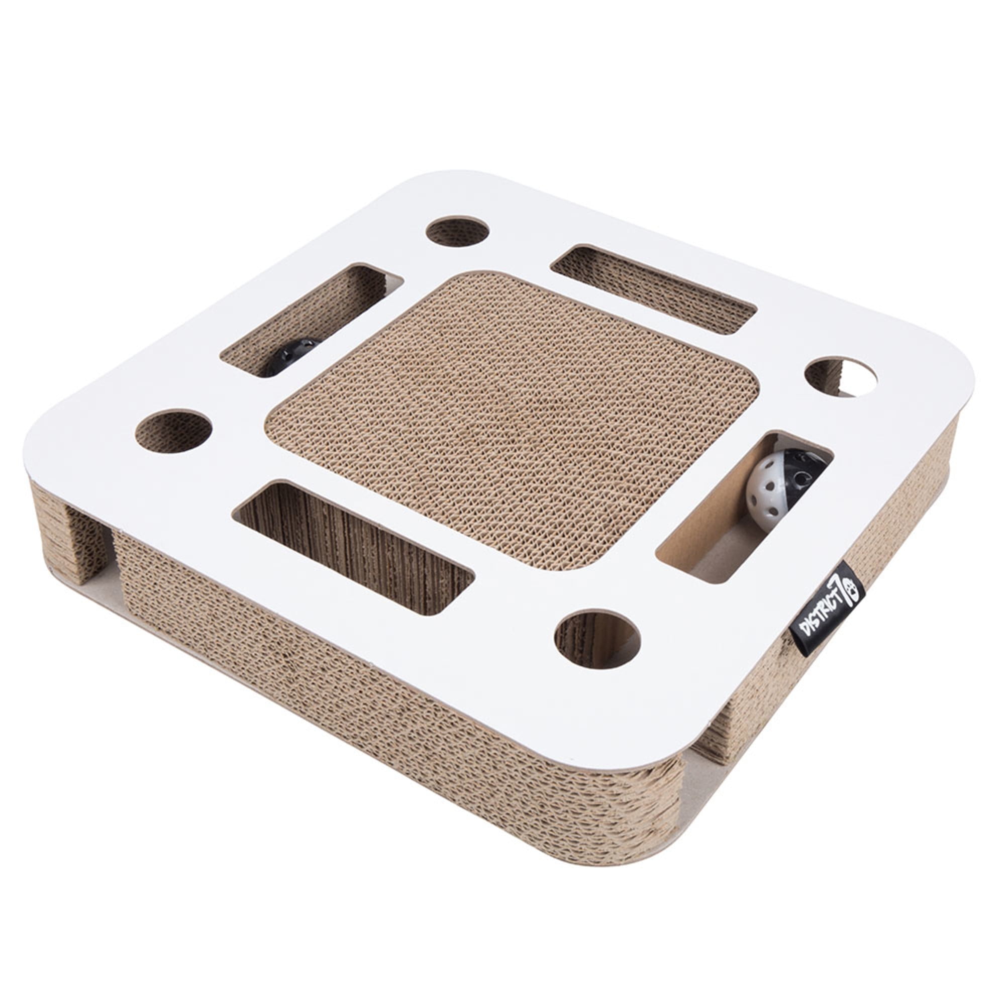 District 70 Spy Cat Scratcher with Ball and Bell, Corrugated Cardboard, Modern Design, Interactive Toy and Scratch Pad, Play and Groom, Keep Your Cat Active and Healthy - White