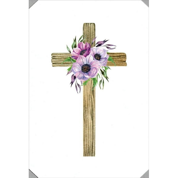 Pictura Simple Wood Cross with Purple Flowers Religious Easter Card