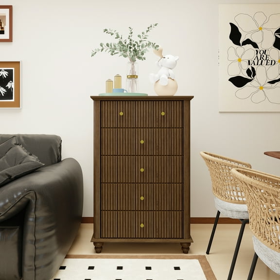MDQMD Fluted 5 Drawers Dresser for Bedroom,45'' Tall Chest of Drawers,Walnut Dresser Closet Organizer for Living Room