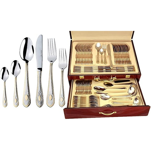 Italian Collection 'Windsor' 75-Piece Premium Surgical Stainless Steel Silverware Flatware Set 18/10, Service for 12, 24K Gold-Plated Hostess Serving Set in a Wooden Case