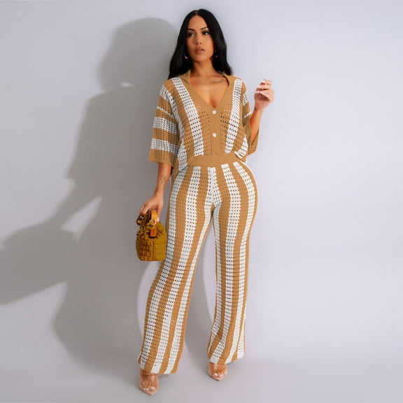 Women's Stripe Knit Top and Wide Leg Pants Set, Short Sleeve Two Piece Outfit