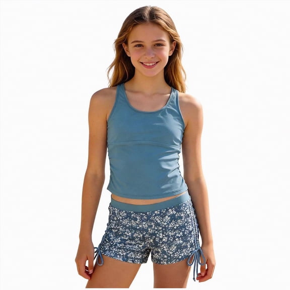 ZHANGDER Girls Tankini Swimsuit 2 Piece 14-16 Years Teen Swimsuits for Girls Scoop Neck Swim Tank Top and Drawstring Bottoms for 7-16Y