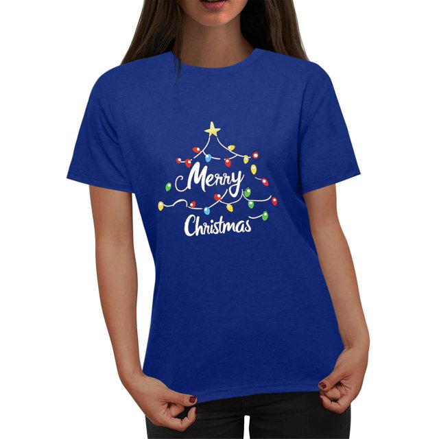 Puntoco Blusa informal de cuello redondo con estampado navideño para mujer