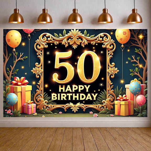 Golden Design 50th Birthday Banner Floral Decor Display Gift Box Accent Balloon Decoration Golden Jubilee Backdrop for 50th Birthday Party Adult Celebration Family Gathering