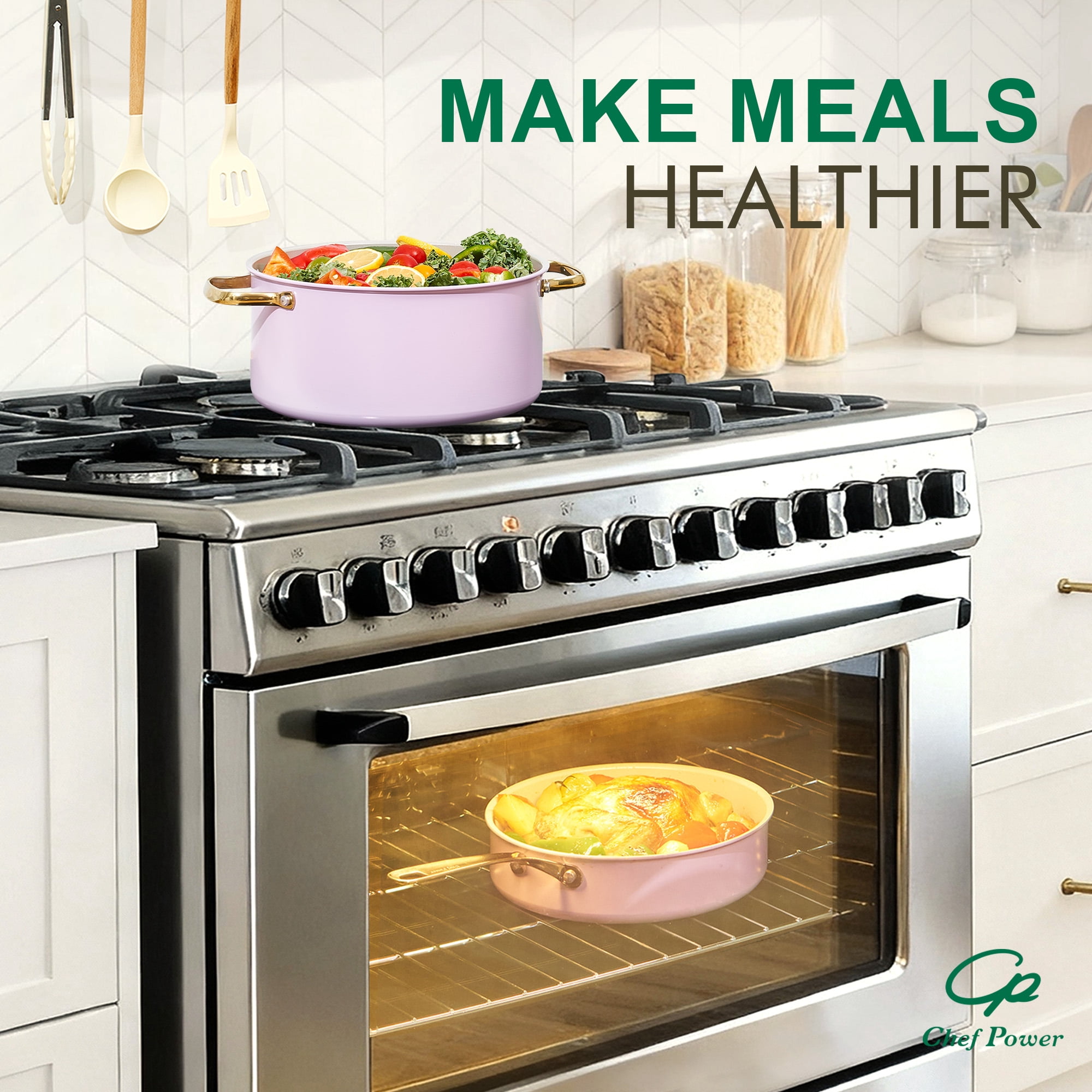 Chef Power 7 Pcs Ceramic Cookware Sets, Non-Stick Pots and Pans Set with Stainless Steel Handles, Dishwasher and Oven Safe, Light Purple with Light Gold Handles