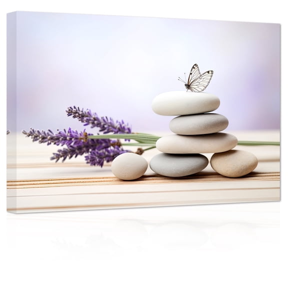 ZHONGYUTONG Zen Canvas Wall Art Purple Lavender Stone Butterfly Picture Spiritual Painting (12"x18")