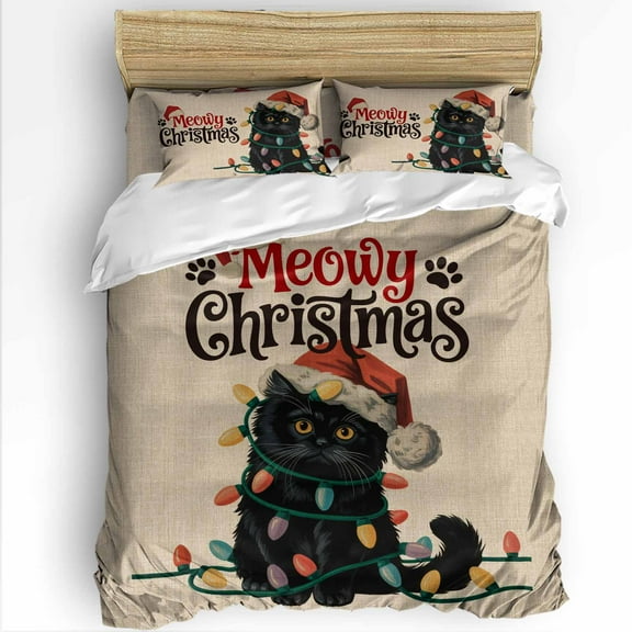 Merry Christmas Twin Size Comforter Set, Black Cat with Red Hat Color Light Xmas Retro Bedding for All Seasons, 4 Pcs Bed Set with 1 Comforter (68"x86") ,1Sheet(66"x116"), 2 Pillowcases (19"x29")