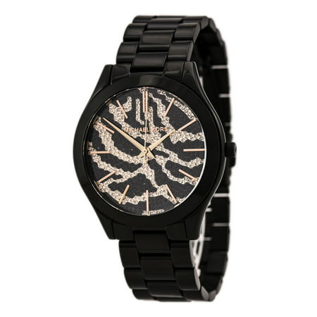 Michael Kors MK3316 Women's Slim Runway Zebra Pattern Pave Crystal Black Dial Black IP Steel Bracelet Watch