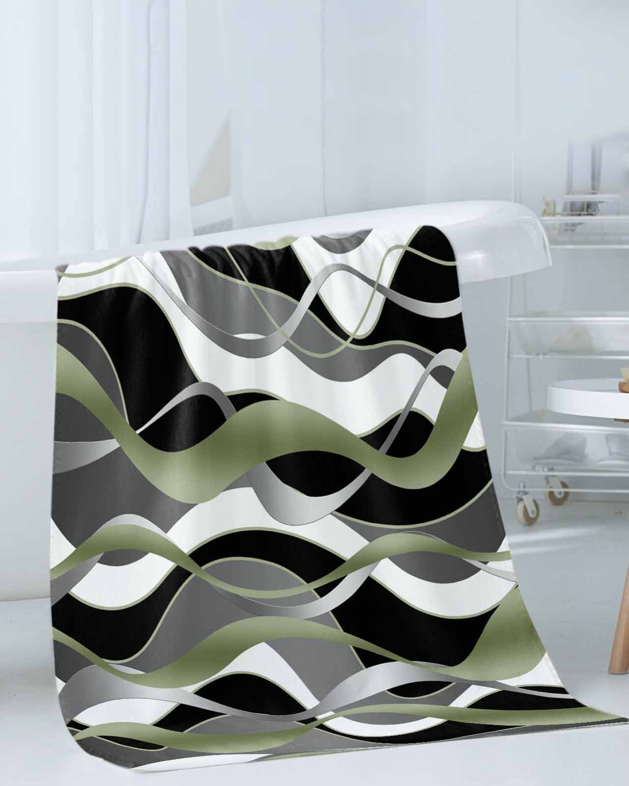 Sage Green Stripe Bath Towels for Bathroom Set,Luxury Microfiber Towels Gifts for Women,Beach Kitchen Hand Hair Face Towel and Dish Washcloth,Grey White Geometric Modern Abstract Towels+Set