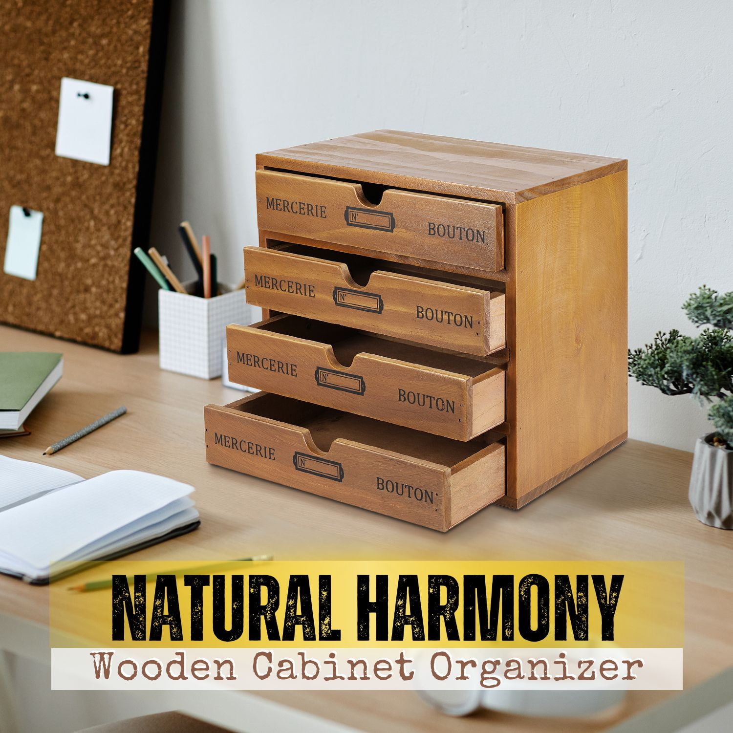 Wooden Desktop Office Supplies Organizer with 4 Storage Drawers Set, 4-Tier Wood Tabletop Cabinet, Countertop Desk Accessories Box, for Home Workspace Counter Vanity Decor Art Craft Tool Mail