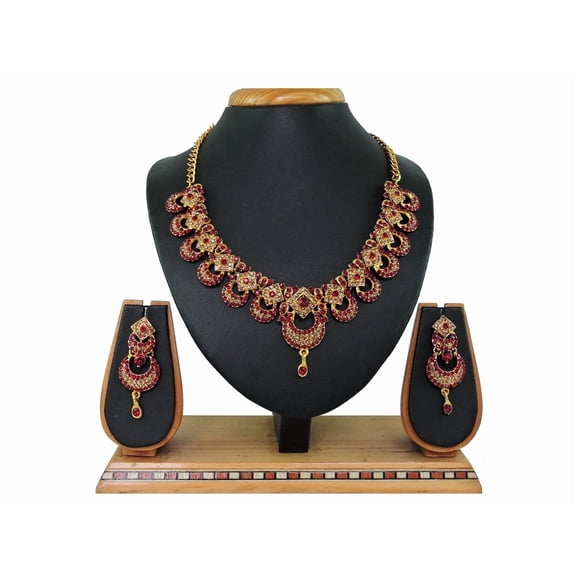 Parshwa Creation Indian Maroon/Red Rhinestone Alloy Gold Plated Necklace & Earrings Women's Jewelry Sets