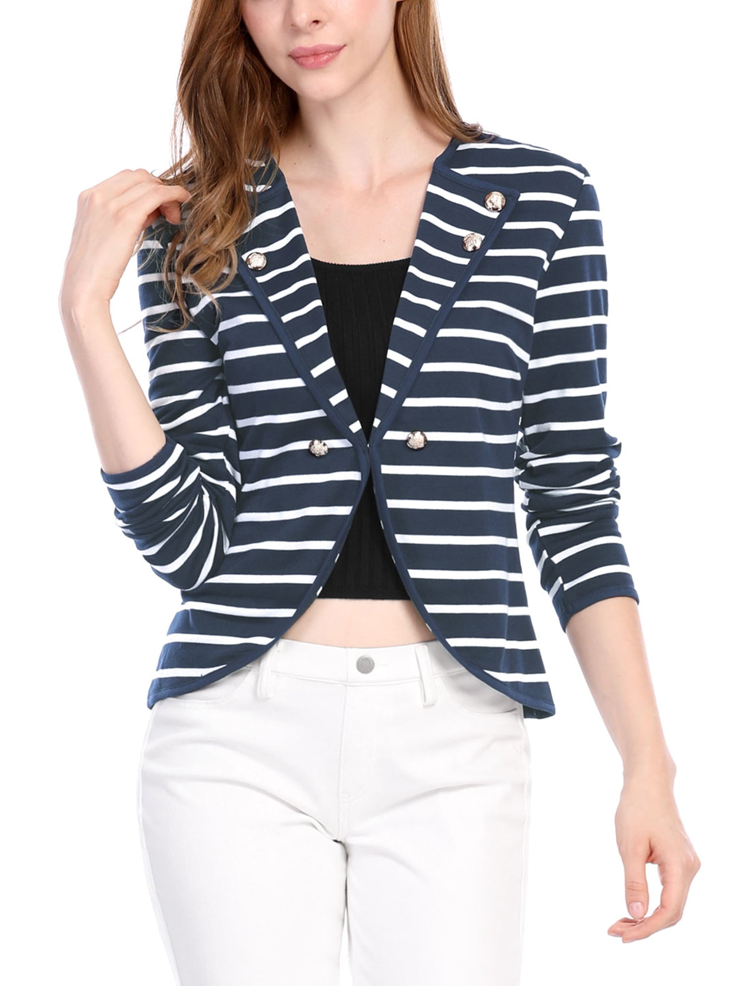 Allegra K Womens Notched Lapel Pocket Button Closure Striped Blazer