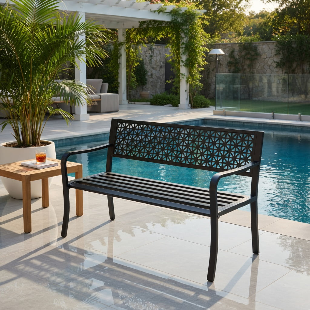 Hommoo 50" Metal Garden Bench for 2-3 People, Stylish Patterned Backrest, Curved Armrests, Heavy-Duty Outdoor Patio Seating, Black