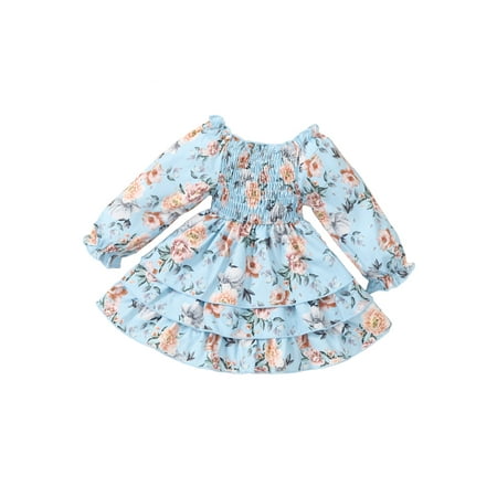 

Frobukio Kids Girls Dresses Boat Neck Long Sleeve Smocked Floral Dress One Piece with Layered Hem Blue 4-5 Years