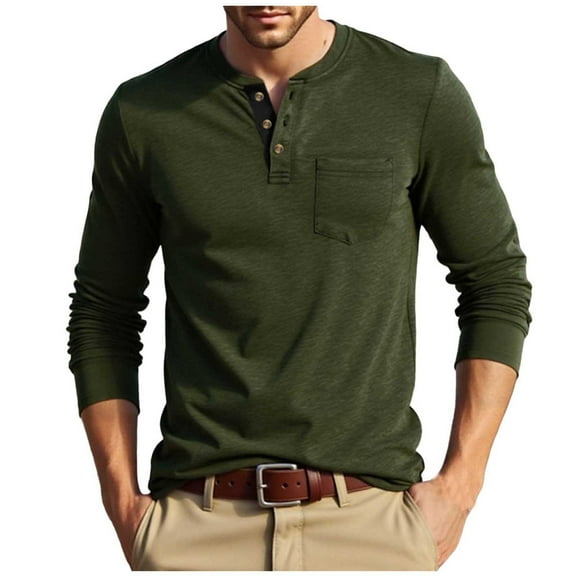 Xzbqbs Mens Henly Long Sleeve Shirts Slim Fit Button Down Casual Pullover Fashion Lightweight Crew Neck Solid Shirts with Pocket