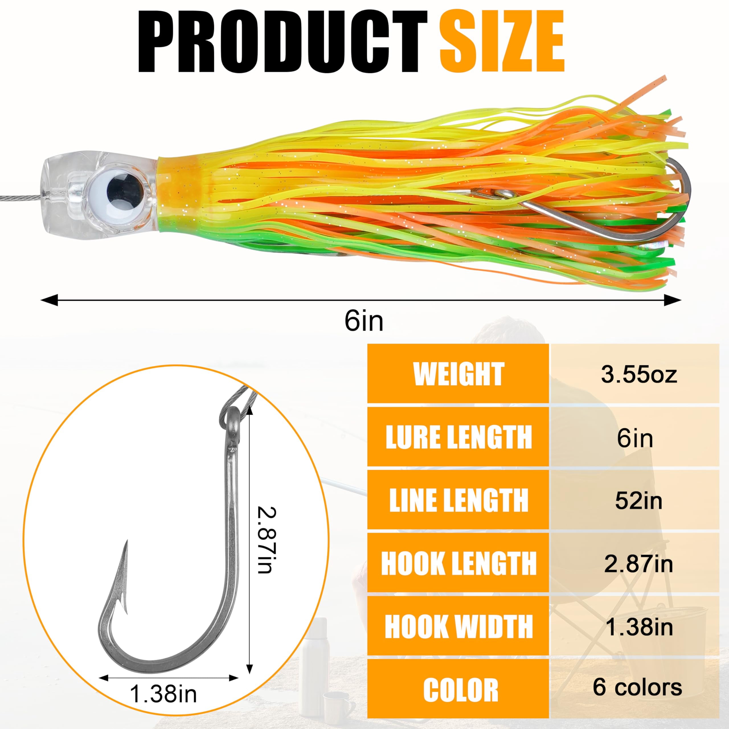 6pcs Trolling Lure Saltwater, 9inch Squid Skirted Deep Sea Fishing Lure Kit Wire Rigged Tuna Marlin Wahoo Shark Mahi Trolling Fishing Lures with Mesh Bag