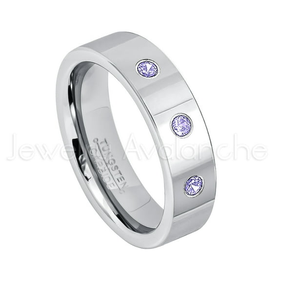 6mm Pipe Cut Tungsten Ring - 0.21ctw Tanzanite 3-stone Band - Personalized Tungsten Wedding Ring - Custom Made December Birthstone Ring TN020BS